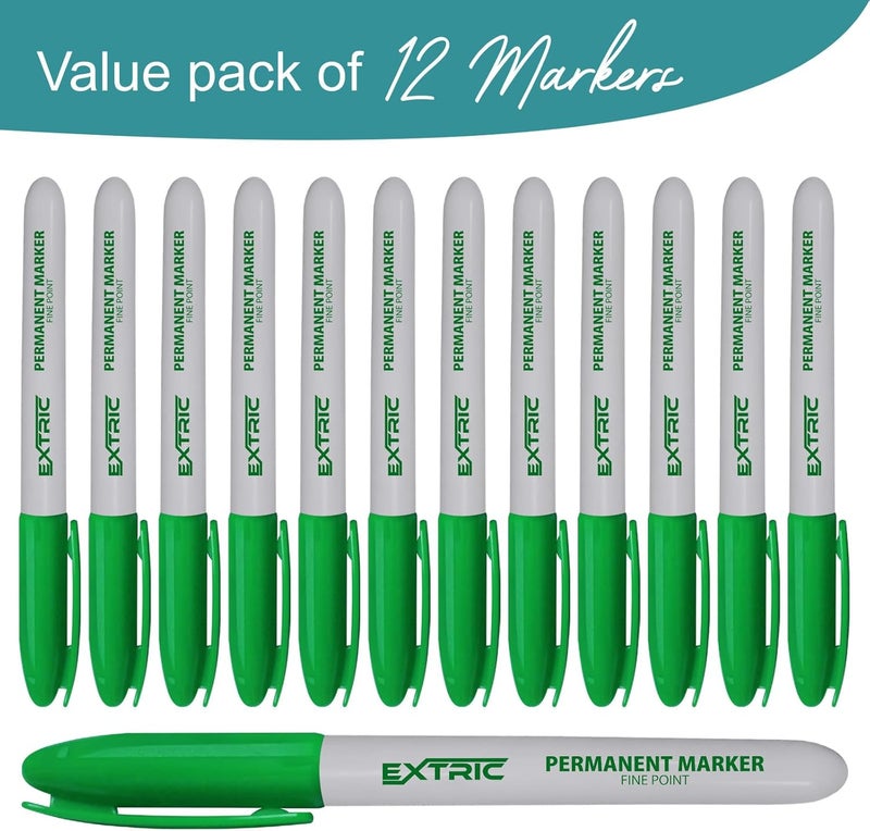 EXTRIC Permanent Markers Green, 12 Count Fine Point Markers, Quick Drying, Works on wood, Paper, Plastic, Metal and Glass, for Home, Office and School - Image 2